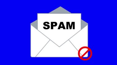 Yasak sembol ve metin içeren bir mektup zarfının video animasyon spam e-posta konsepti. Mavi krom anahtar arka planında