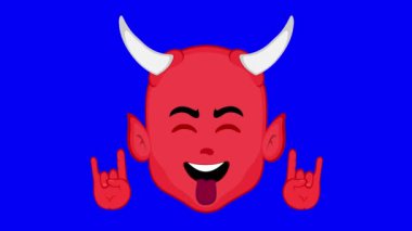 Video animasyon emoji şeytan karakter karikatür çizimi, klasik heavy metal jesti yapıyor elleri ve dili dışa dönük, mavi renkli anahtar arka planda