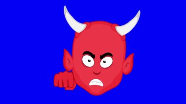 Video animasyon emoji iblis karakter karikatür çizimi, kızgın bir ifade ve yumruk tokalaşma el, mavi renkli anahtar arka plan