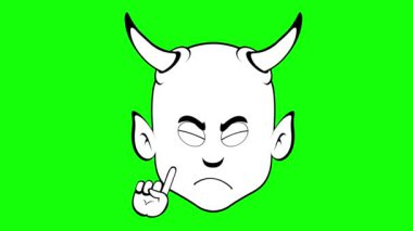 Video animasyon emoji şeytan karakter karikatürü çizimi, el hareketleriyle hayır diyor, eskiz siyah beyaz çizilmiş. Yeşil krom anahtar arka planında