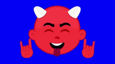 Video animasyonu emoji küçük şeytan karakter çizimi, klasik heavy metal hareketini yapıyor elleri ve dili dışa dönük, mavi krom anahtar arka planda
