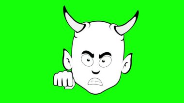 Video animasyon emoji iblis karakter karikatür çizimi, kızgın bir ifade ve yumruk tokalaştırma eli ile, eskiz siyah beyaz renkte çizildi. Yeşil krom anahtar arka planında