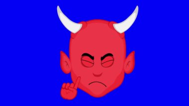 Video animasyon emoji şeytan karakter karikatür çizimi, el hareketi ile hayır diyor, mavi renkli anahtar arka planda