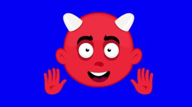 Video animasyon yüz emoji küçük şeytan karakter çizgi film illüstrasyon, el sallama jest, mavi renk anahtar arka plan