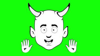 Video animasyon emoji iblis karakter karikatür çizimi, el sallama hareketi ile, siyah beyaz çizim. Yeşil krom anahtar arka planında