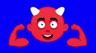 Video animasyon emojisi, kolların bisepslerini gösteren küçük şeytan karakteri çizimi, mavi krom anahtar arka planda.