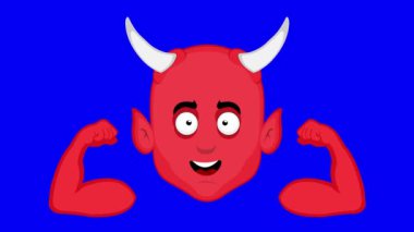 Video animasyon emojisi, kolların bisepslerini gösteren şeytani karakter çizimi ile mavi renkli anahtar arka planda yüzleşir.