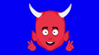Video animasyon emojisi şeytan karakter çizimi ile yüzleşir, elleri klasik aşk ve barış jesti yapar veya zafer sembolü, mavi renkli anahtar arka planda
