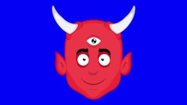 Video animasyon emojisi şeytan karakterli çizgi film çizimi, mavi renkli anahtar arka planda üçüncü göz büyüsünü yapıyor.