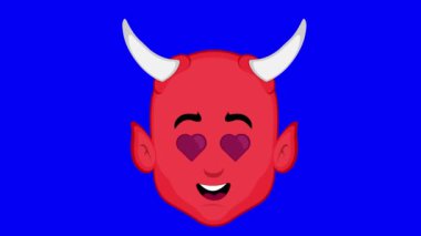 Video animasyon emojisi şeytani karakter çizimi ile yüzleşir, kalp sembolü şeklinde gözlere aşık, mavi krom anahtar arka planda