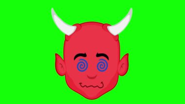 Video animasyon emoji yüz şeytan karakter çizimi, hipnotize edilmiş veya spiral şekilli gözler ile uyuşturulmuş, yeşil renkli anahtar arka planda