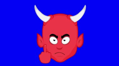 video animation emoji face demon character cartoon illustration, with his hand making a fuck you gesture, on a blue chroma key background
