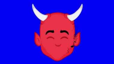 Video animasyon emojisi şeytani karakter çizimi ile yüzleşir, dudaklarında notalarla ıslık çalarak, mavi renkli anahtar arkaplanda