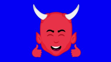 Video animasyon emojisi, neşeli bir ifadeyle iblis karakter çizimi ile yüzleşir ve elleri yukarıda, mavi renkli bir arka planda.