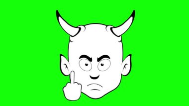 video drawing animation emoji face demon character cartoon illustration, with his hand making a fuck you gesture, sketch drawn in black and white color. On a green chroma key background