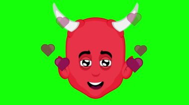Video animasyon emojisi, yeşil renkli bir arka planda yüzen kalpler sembolü ile çevrili iblis karakter çizimi ile yüzleşir.