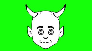 Emoji yüz çizimi şeytan karakter çizimi, hipnotize edilmiş ya da spiral şekilli gözlerle uyuşturulmuş, eskiz siyah beyaz çizilmiş. Yeşil krom anahtar arka planında