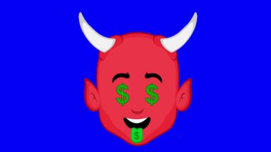 Video animasyon emoji şeytan karakter çizgi film çizimi, gözler ve dil ile dolar işareti, mavi renkli anahtar arka plan