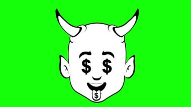 Video animasyon emoji şeytan karakter çizgi film çizimi, gözler ve dil ile dolar işareti, eskiz siyah ve beyaz renkte çizildi. Yeşil krom anahtar arka planında