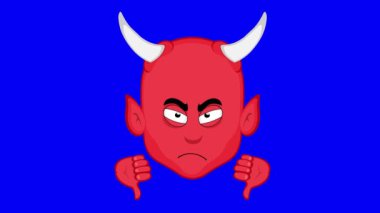 Video animasyon emojisi şeytan chbluearacter çizgi film çizimi, başparmak aşağı işaret konsepti onaylanmadı veya hayır gibi, mavi renkli anahtar arka plan