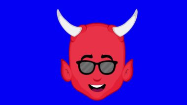 Video animasyon emoji şeytan karakter karikatür çizimi, güneş gözlüğü takmak ve kaş kaldırma, mavi renkli anahtar arka plan