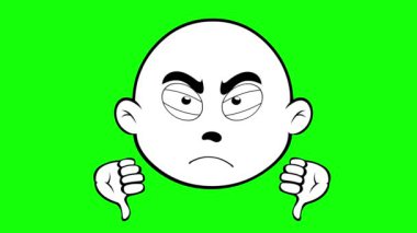 Video animasyon emojisi yüz karakteri karikatürü, başparmağıyla onaylanmamış ya da onaylanmamış konsepti gösteriyor, eskiz siyah beyaz çizilmiş. Yeşil krom anahtar arka planında