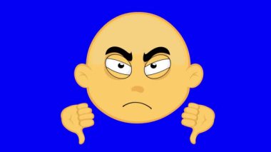 Video animasyonu sarı emoji yüz karakter karikatürü, başparmağıyla onaylanmamış ya da onaylanmamış kavramına işaret ediyor, alph ile şeffaf bir arkaplanda