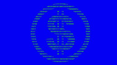 video animasyon konsepti, mavi renkli anahtar arka planda ikili kod sistemine sahip bir paranın sanal para birimi