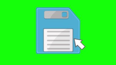 video animasyonu ok şekilli fare imleci disket simgesine tıklayarak, dosya bilgisayarını yeşil renkli bir arkaplanda kaydetme kavramında,