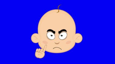 Video animasyon simgesi. Karakterli bebek çizgi filmi. Mavi renkli anahtar arka planda el hareketleriyle hayır diyor.