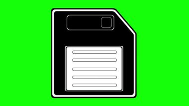 Dosya yazılımı yazılımı konseptinde, yeşil renkli bir arkaplan üzerinde bir ok aşağıda olan disket diskinin siyah beyaz simgesi