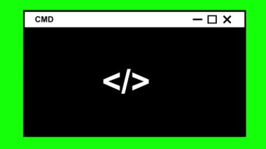 video animasyon simgesi terminal CMD yeşil renkli anahtar arkaplan üzerinde yazılım metni ve betik programlama kod geliştirme kavramı
