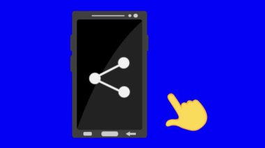 video animasyonu sarı el tıklama bir cep telefonu aygıtı üzerinde paylaşım simgesi, mavi krom anahtar arka plan