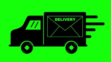 video animasyonu siyah simge dağıtım kamyonu taşımacılığı, yeşil renkli anahtar arka planda