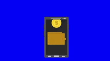 bir cep telefonu ve dijital para biriminin mavi renkli anahtar arka planında video animasyon sanal cüzdan konsepti