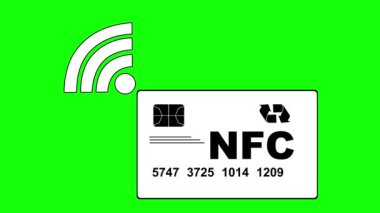 video animasyonu siyah beyaz simge plastik kart ve NFC transfer sinyali, yeşil renkli anahtar arka planda