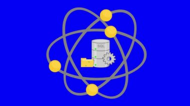 Video animasyon ikonu veritabanı ve veri bilimi konseptinde molekül atomu, mavi krom anahtar arka planda