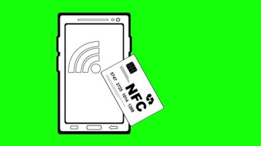 NFC sinyal konseptinde video animasyon plastik kredi kartı ve cep telefonu çizimi, siyah beyaz çizim. Yeşil krom anahtar arka planında