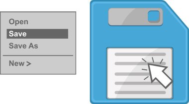 vector illustration pop-up context window menu with save options and a computer mouse clicking floppy disk icon clipart