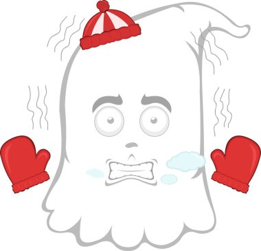 Vektör çizim karakteri hayalet karikatürü, titreyen soğuk, eldiven takan ve ağzında nefes buharı olan bir kış şapkası olan.