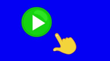 video animasyonu sarı el, mavi renk anahtar arka planında dijital oynat düğmesine basar