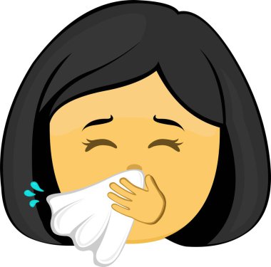 vektör illüstrasyon sarı emoji yüz karakter kadın çizgi film burun mendili ile hapşırıyor