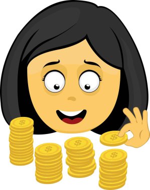 Vektör illüstrasyon sarı emoji yüz karakter kadın karikatürü, bir yığın madeni para sayıyor