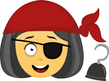 Vektör illüstrasyonu sarı emoji yüz karakteri kadın çizgi filmi, başörtüsü, kanca protez el, göz bandı ve bir korsan