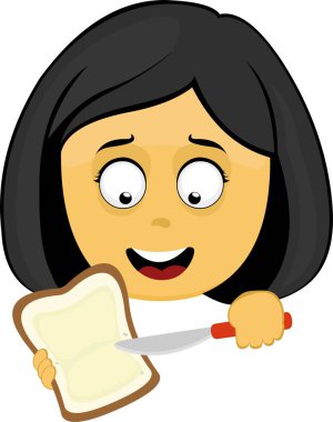 Vektör illüstrasyon sarı emoji yüz karakter kadın çizgi filmi, yayıcı ile bir dilim ekmek üzerine tereyağı yayıyor