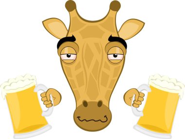 Vektör çizimi emoji yüz zürafa karakter çizgi filmi, elinde bira bardaklarıyla sarhoş.