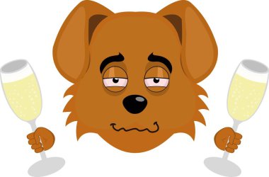 Vektör illüstrasyon emoji karakteri köpek suratlı çizgi film, elinde şampanya ya da elma şarabı bardaklarıyla sarhoş.