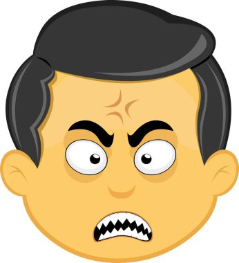 Vektör illüstrasyon sarı emoji karakteri erkek, kafasında bir damar ve keskin dişlerle öfkeli ifade