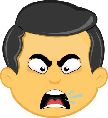 Vektör çizimi sarı emoji karakteri erkek, kızgın bir ifadeyle, konuşuyor ve bağırıyor.