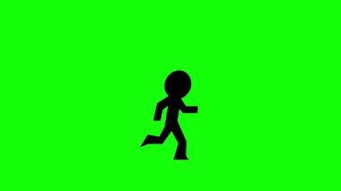 Görüntü animasyonu siyah siluet stickman yeşil renkli anahtar arka planda sahnede koşuyor